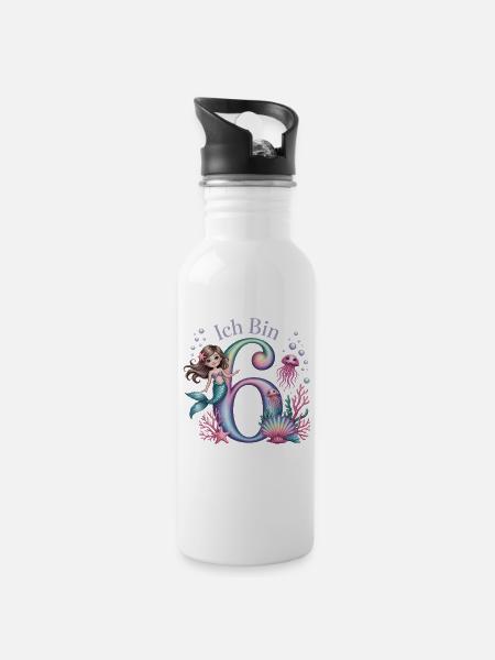 Ich Bin 6 Meerjungfrauen Mädchen 6. Geburtstag - Trinkflasche mit integriertem Trinkhalm - Weiß