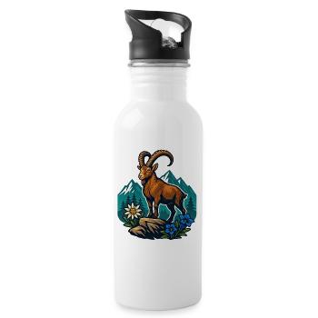 Steinbock auf Bergwiese - Trinkflasche mit integriertem Trinkhalm - Weiß - Rechts