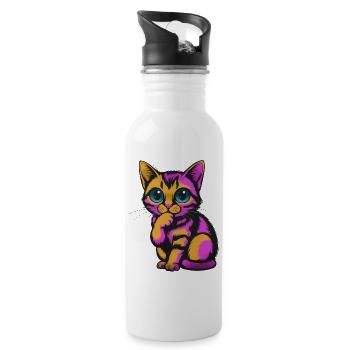 Bunter nachdenklicher Kater Neonfarben - Trinkflasche mit integriertem Trinkhalm - Weiß - Rechts