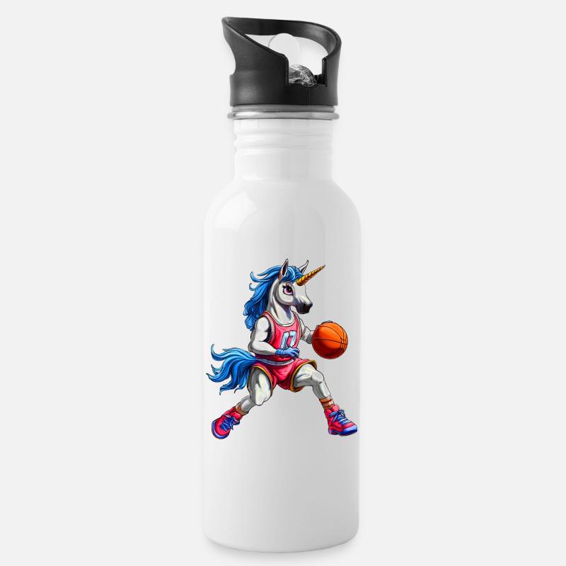 Basketball Einhörner - Trinkflasche mit integriertem Trinkhalm - Weiß