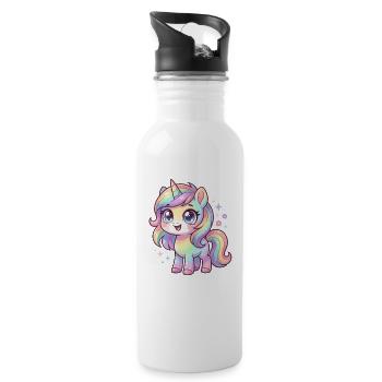 Pastellregen-Einhorn Chibi - Trinkflasche mit integriertem Trinkhalm - Weiß - Rechts