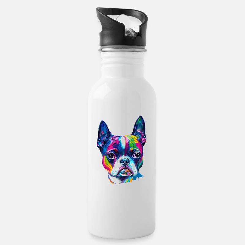Farbenfrohes Boston-Terrier-Ölfarbe-Hundeporträt - Trinkflasche mit integriertem Trinkhalm - Weiß
