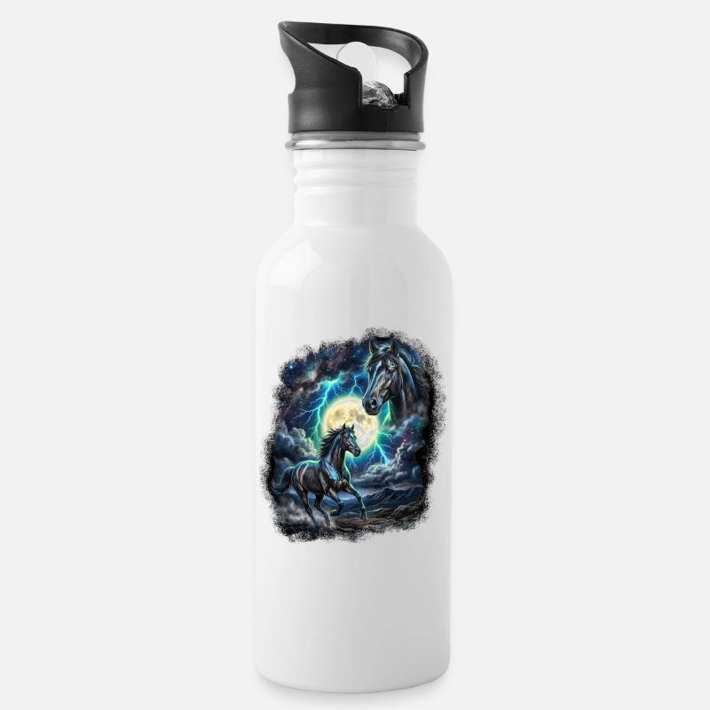 Zwei Wilde Pferde mit Mond Wildlife-Designs - Trinkflasche mit integriertem Trinkhalm - Weiß
