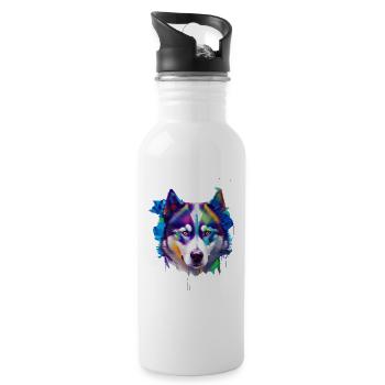 Sibirisches Husky-Hundeporträt Lebendiges Ölgemälde - Trinkflasche mit integriertem Trinkhalm - Weiß - Rechts