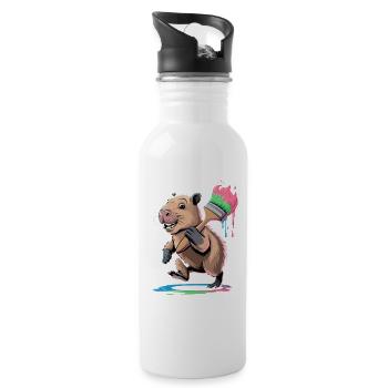 Funny Capybara with Colorful Brush Paint Blobs - Water bottle with straw - white - Right