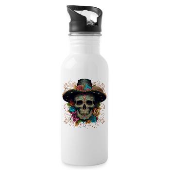 Vibrant Sugar Skull in Floral Sombrero - Water bottle with straw - white - Right