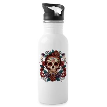 Sugar Skull Blumen-Tattoo-Kunst - Trinkflasche mit integriertem Trinkhalm - Weiß - Rechts