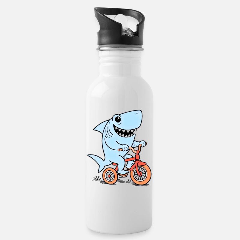 Blauer Hai auf Fahrrad - Trinkflasche mit integriertem Trinkhalm - Weiß