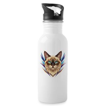 Siamese Cat Portrait Neon Accents - Water bottle with straw - white - Right