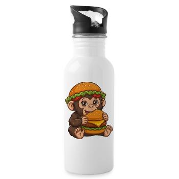 Süßer Affe mit Burger Cartoon Motiv - Trinkflasche mit integriertem Trinkhalm - Weiß - Rechts
