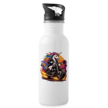 Einhorn-Motorrad im Neon-Sunset - Trinkflasche mit integriertem Trinkhalm - Weiß - Rechts
