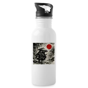 Samurai Pug Dog Japanese Ink Wash Painting - Water bottle with straw - white - Right