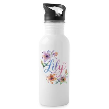 Lily Watercolor Flowers - Water bottle with straw - white - Right