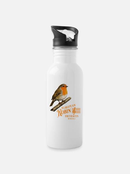 European Robin Rotkehlchen Vogel Design - Trinkflasche mit integriertem Trinkhalm - Weiß