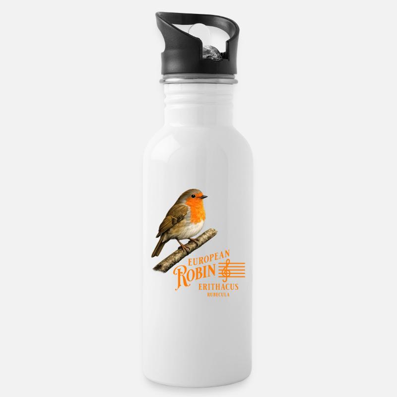 European Robin Rotkehlchen Vogel Design - Trinkflasche mit integriertem Trinkhalm - Weiß