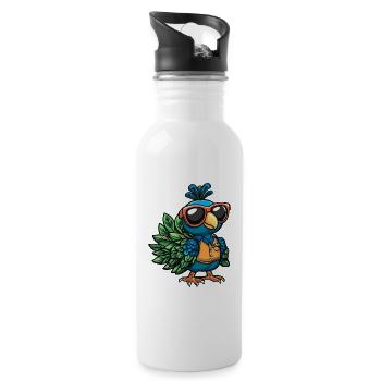 Pfau Vogel Comic Urlaub - Trinkflasche mit integriertem Trinkhalm - Weiß - Rechts