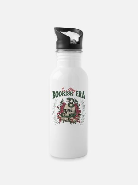 Buchige Ära: Schädel Schlange Rosen Lesen - Trinkflasche mit integriertem Trinkhalm - Weiß