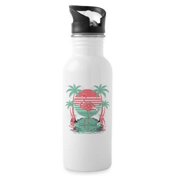 Tropical flamingo palm trees water sunset - Water bottle with straw - white - Right
