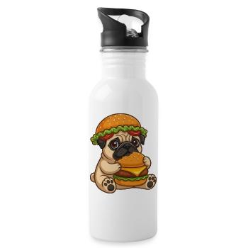 Cute Pug Cartoon Owner Fast Food Burger - Water bottle with straw - white - Right