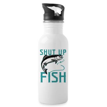 Shut Up and Fish Funny Vintage Salmon Fishing Art - Water bottle with straw - white - Right
