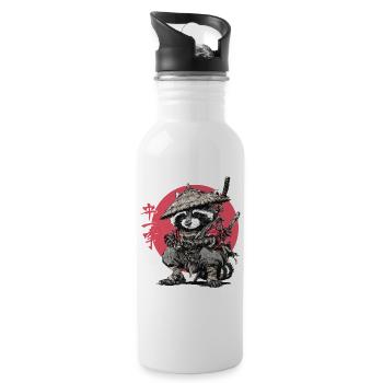 Raccoon Samurai in Red Circle - Water bottle with straw - white - Right