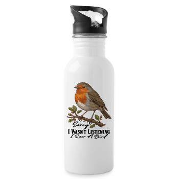 Autumn Robin on Branch - Trinkflasche mit integriertem Trinkhalm - Weiß - Rechts