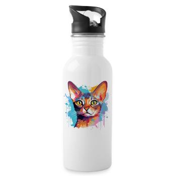 Abessinisches Katzengesicht – bunte Splash-Kunst - Trinkflasche mit integriertem Trinkhalm - Weiß - Rechts