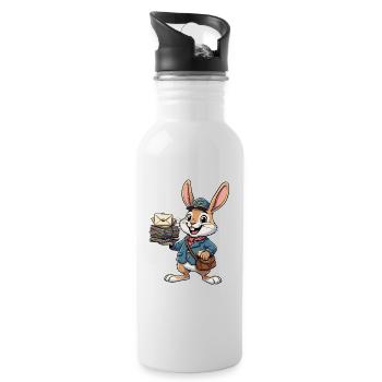 Hase als Postbote mit Briefstapel - Trinkflasche mit integriertem Trinkhalm - Weiß - Rechts