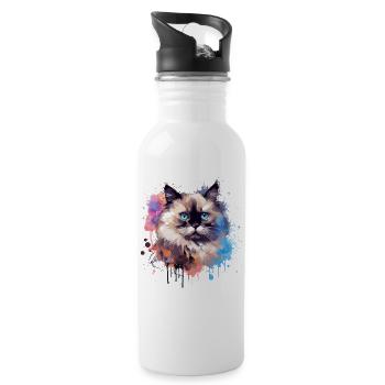 Splash Art Birman-Katzengesicht bunt - Trinkflasche mit integriertem Trinkhalm - Weiß - Rechts