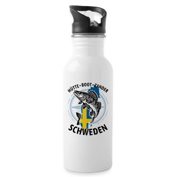 Hütte, Boot, Zander - Schweden | Angler Geschenk - Trinkflasche mit integriertem Trinkhalm - Weiß - Rechts