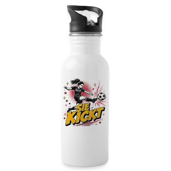 Sie Kickt Comic Fußballheldin - Trinkflasche mit integriertem Trinkhalm - Weiß - Rechts