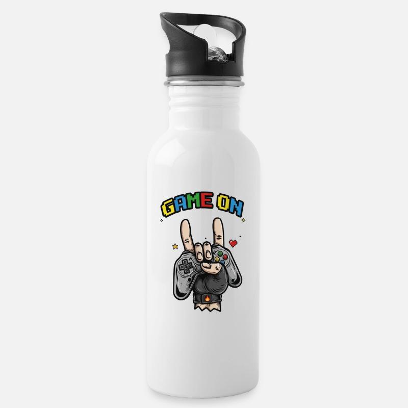 Game On Handzeichen Illustration - Trinkflasche mit integriertem Trinkhalm - Weiß
