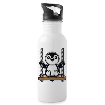 Süßer Pinguin auf Schaukel Cartoon - Trinkflasche mit integriertem Trinkhalm - Weiß - Rechts
