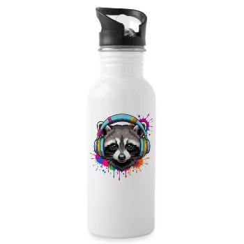 Waschbär mit Musik Kopfhörern und Farben Klecks - Trinkflasche mit integriertem Trinkhalm - Weiß - Rechts