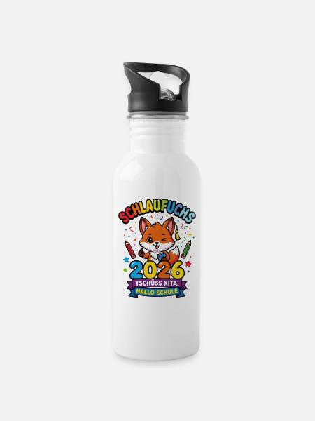 Schlaufuchs 2026 Tschuess Kita Hallo Schule say - Trinkflasche mit integriertem Trinkhalm - Weiß