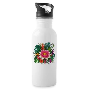 Fleur de lotus tropicale sur fond noir - Gourde avec paille intégrée - blanc - Droite