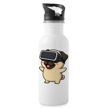Cute Pug in Virtual Reality Gamer Cartoon - Water bottle with straw - white - Right