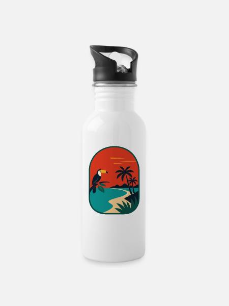 Tropical coastal panorama with toucan - Water bottle with straw - white