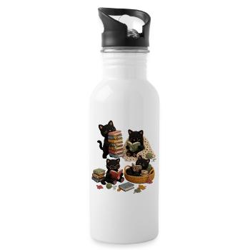 Funny black cat reading - Water bottle with straw - white - Right