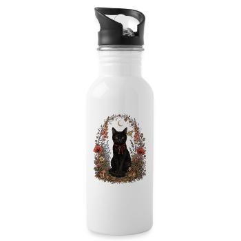 Schwarze Katze in Blumen - Trinkflasche mit integriertem Trinkhalm - Weiß - Rechts