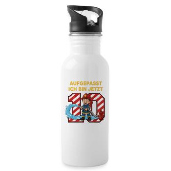Aufgepasst Ich Bin Jetzt 10 Feuerwehr Geburtstag - Trinkflasche mit integriertem Trinkhalm - Weiß - Rechts