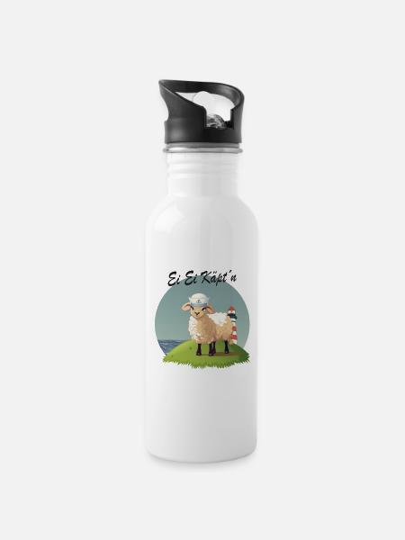 Ei Ei Käpt’n – Lustiges Schaf Design - Trinkflasche mit integriertem Trinkhalm - Weiß
