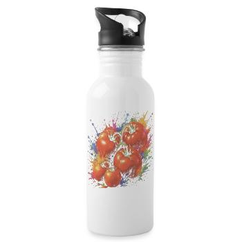 Tomato on the Vine, mehrfarbiges Gemüse, Splash Art - Trinkflasche mit integriertem Trinkhalm - Weiß - Rechts