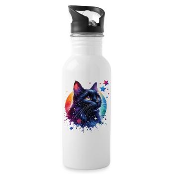Schwarze Katze Motiv - Trinkflasche mit integriertem Trinkhalm - Weiß - Rechts