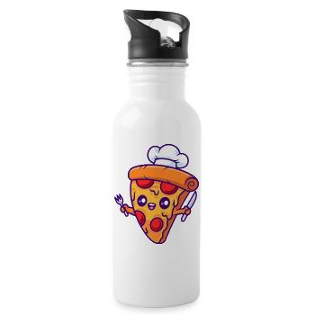 Pizza Slice Chef Maskottchen - Trinkflasche mit integriertem Trinkhalm - Weiß - Rechts