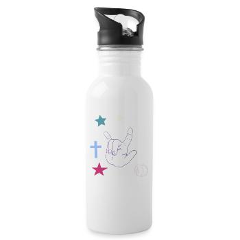 Hand signal with cross, stars and moon - Water bottle with straw - white - Right