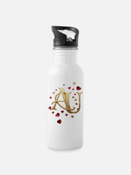 Goldenes AU Monogramm mit Herzen - Trinkflasche mit integriertem Trinkhalm - Weiß