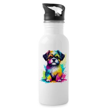 Bunter Shih Tzu Welpe Farbexplosion - Trinkflasche mit integriertem Trinkhalm - Weiß - Rechts