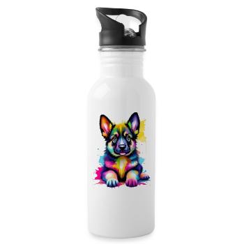 Farbenfroher Schäferhund Welpe - Trinkflasche mit integriertem Trinkhalm - Weiß - Rechts