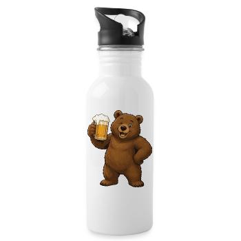 Beer Drinking Bear Cartoon - Water bottle with straw - white - Right